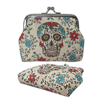 Sugar Skull Print Textured PU Leather Coin Bag Kiss-Lock Closure In Assorted Colors