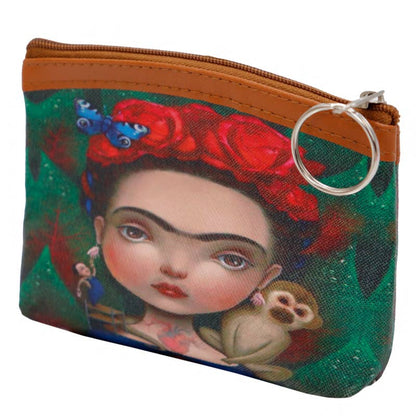 Animated Frida  Kahlo Print Textured PU Leather Coin Bag With Zipper Closure In Assorted Colors