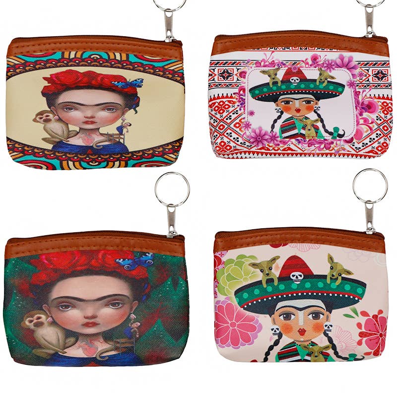 Animated Frida  Kahlo Print Textured PU Leather Coin Bag With Zipper Closure In Assorted Colors