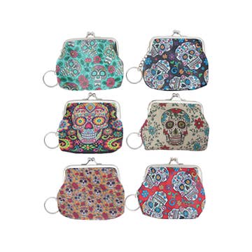 Sugar Skull Print Textured PU Leather Coin Bag Kiss-Lock Closure In Assorted Colors