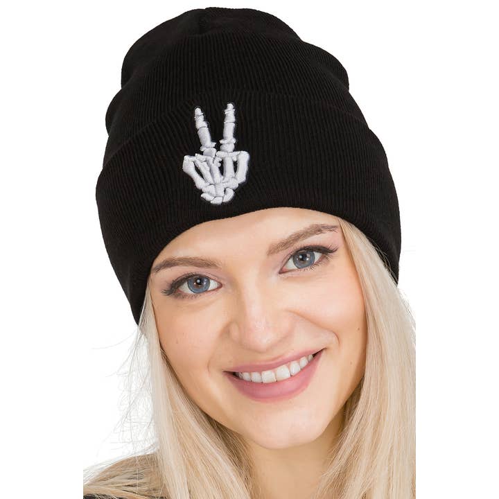 Peace  Victory  Rebel Skeleton Print Ribbed Acrylic Premium Classic Beanie