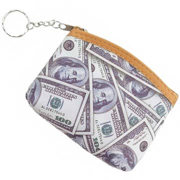 100 Dollar Bill  Print Textured PU Leather Coin Bag  With Zipper Closure