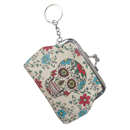 Sugar Skull Print Textured PU Leather Coin Bag Kiss-Lock Closure In Assorted Colors