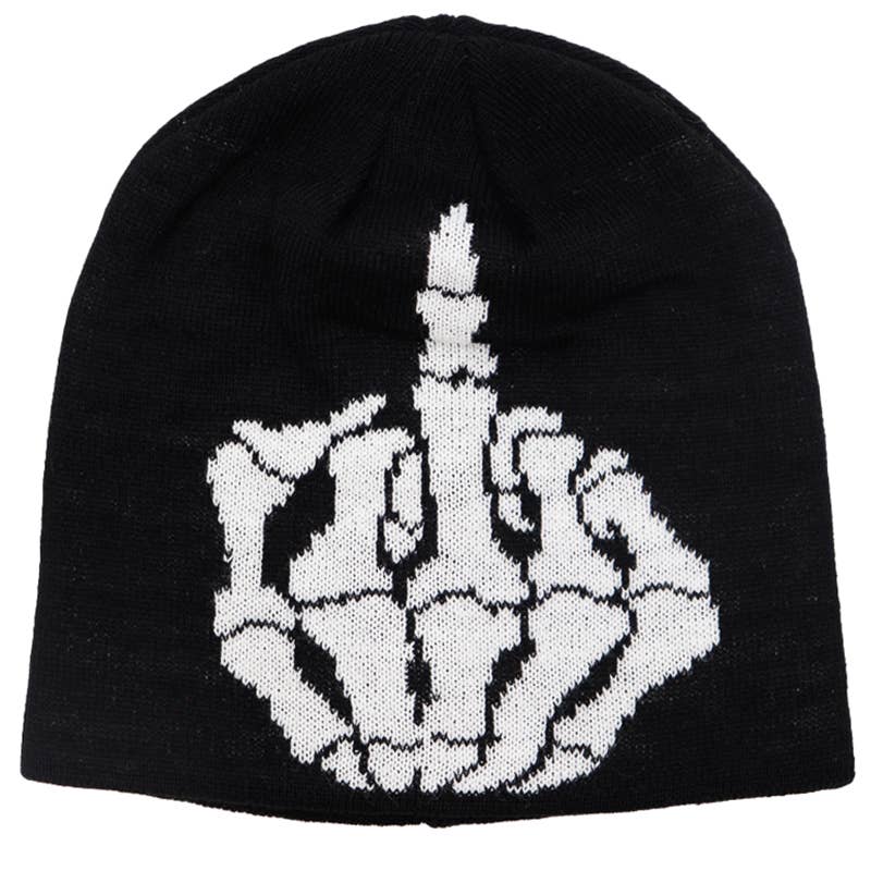 Middle Finger Up Fuck You Rebel Skeleton Print Ribbed Acrylic Premium Classic Beanie