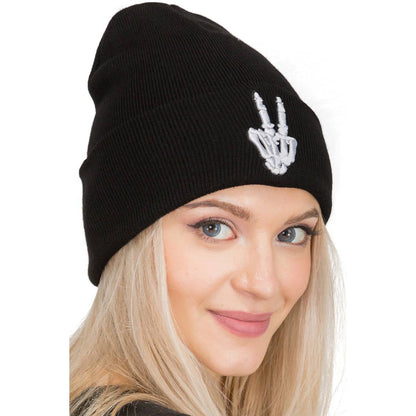 Peace  Victory  Rebel Skeleton Print Ribbed Acrylic Premium Classic Beanie