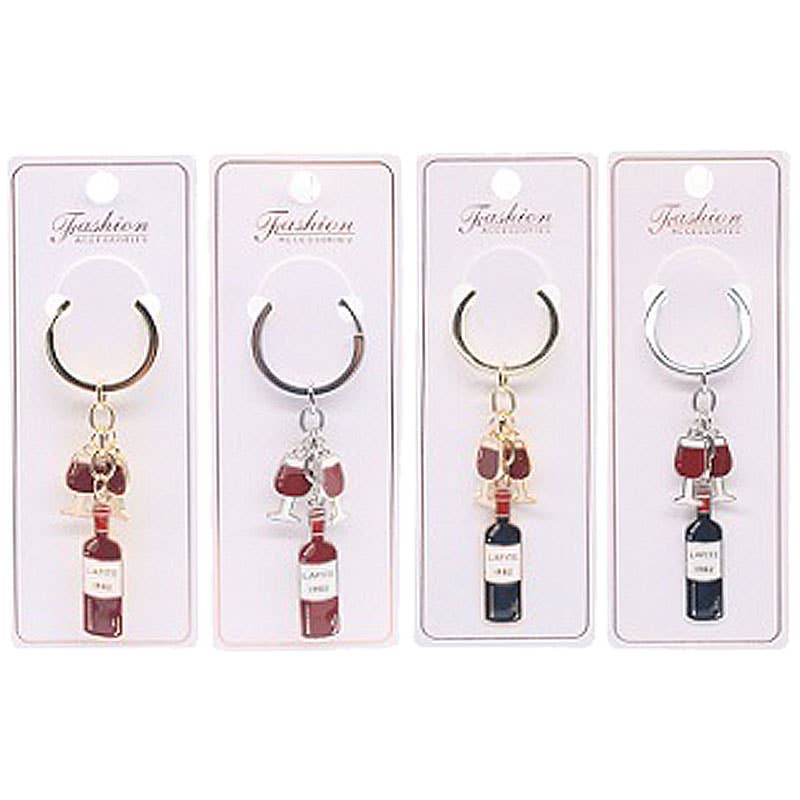 Wine Glass Engraved Dangle Metal Assorted Colors  Novelty Keychain